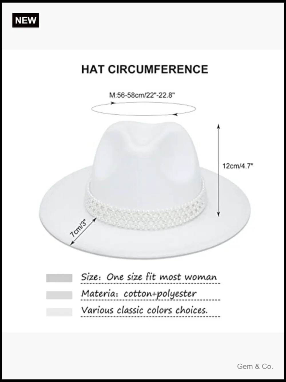 Wide Brim Fedora Hat with Pearl Panama Hat Adjustable